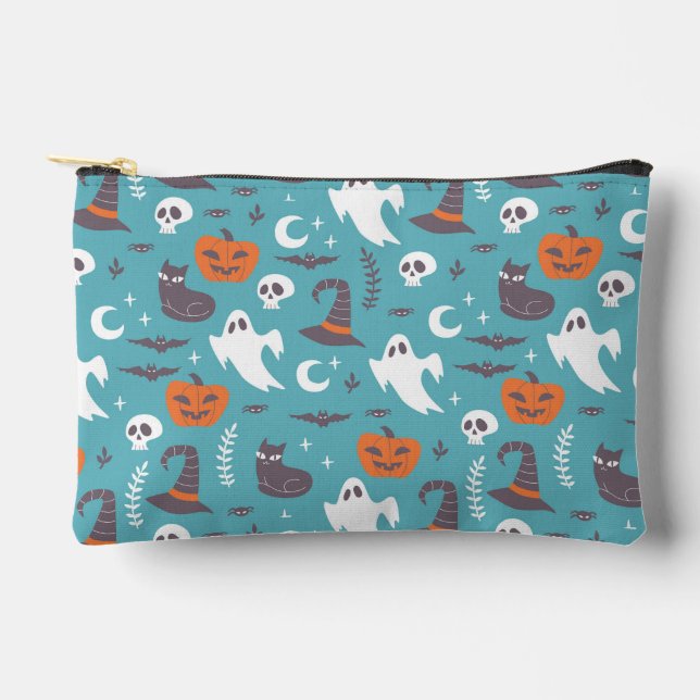 Fun Teal Doodle Halloween Pattern Accessory Pouch (Front)