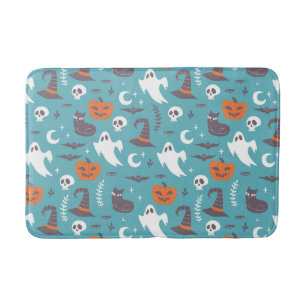 Fun Teal Doodle Halloween Pattern Bath Mat
