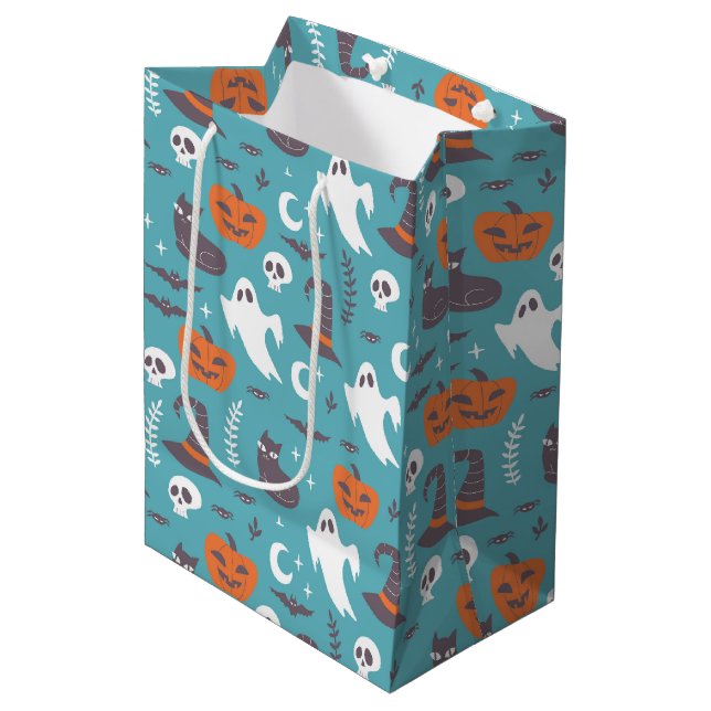 Fun Teal Doodle Halloween Pattern Medium Gift Bag (Front Angled)
