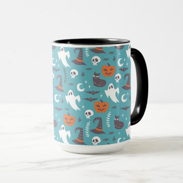 Fun Teal Doodle Halloween Pattern Mug (Front Right)