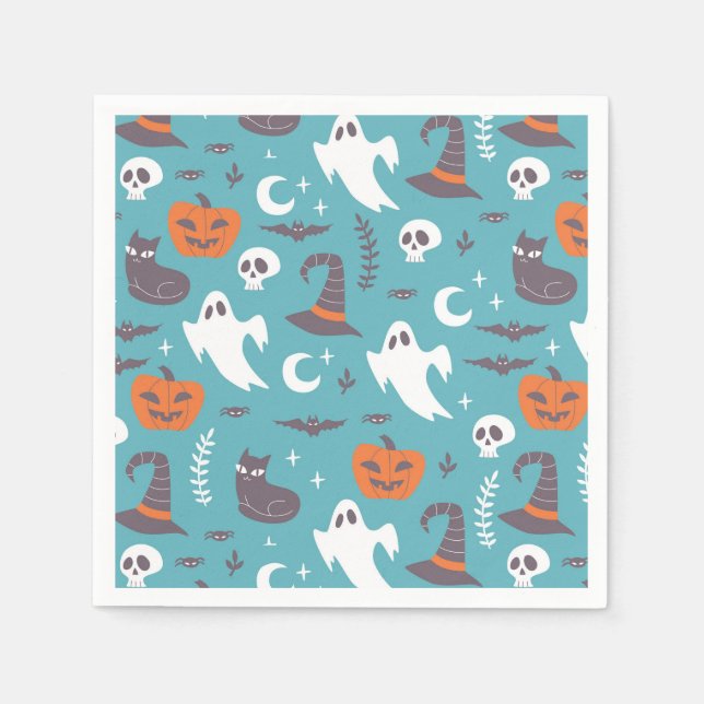 Fun Teal Doodle Halloween Pattern Napkin (Front)
