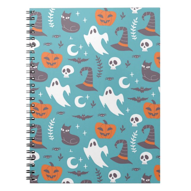 Fun Teal Doodle Halloween Pattern Notebook (Front)