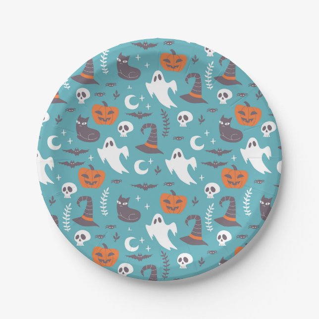 Fun Teal Doodle Halloween Pattern Paper Plate (Front)