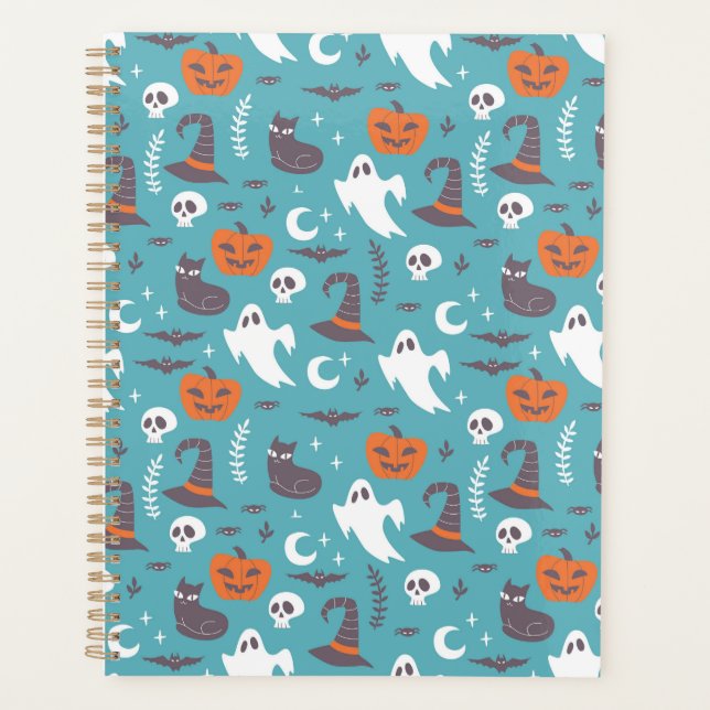 Fun Teal Doodle Halloween Pattern Planner (Front)