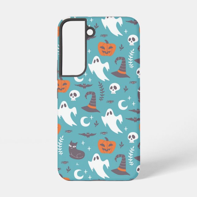 Fun Teal Doodle Halloween Pattern Samsung Galaxy S22 Case (Back)