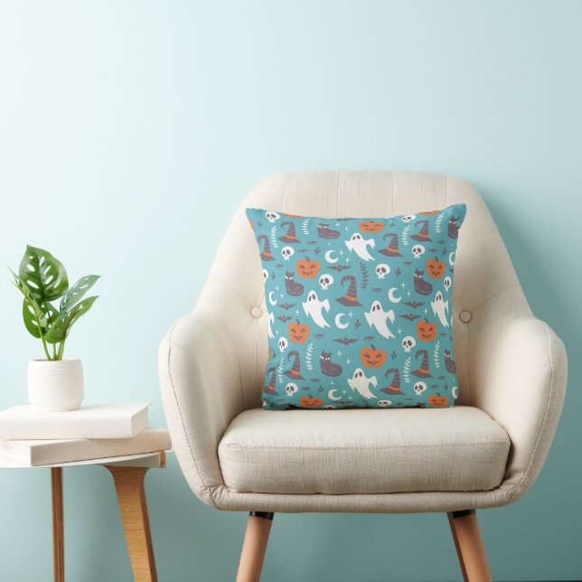 Fun Teal Doodle Halloween Pattern Throw Pillow (Chair)