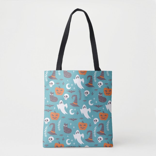 Fun Teal Doodle Halloween Pattern Tote Bag (Front)