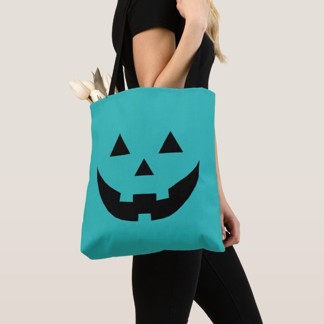 Fun teal Jack o lantern pumpkin face Halloween Tote Bag (Close Up)