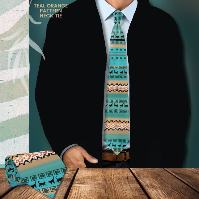Fun Teal Orange Cats Pattern  Tie (Teal and Orange pattern neck tie with cats graphic, with dark jacket)