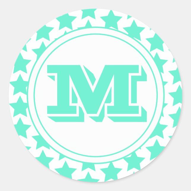 Fun Teal Stars Pattern & Monogram Classic Round Sticker (Front)