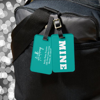 Fun Teal White MINE Personalized Luggage Tag