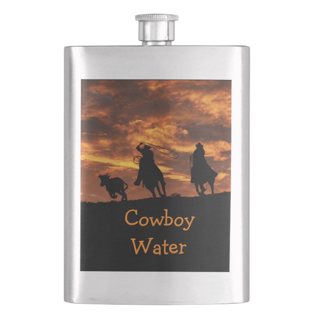 Fun Team Roping "Cowboy Water" classic flask! Hip Flask (Front)