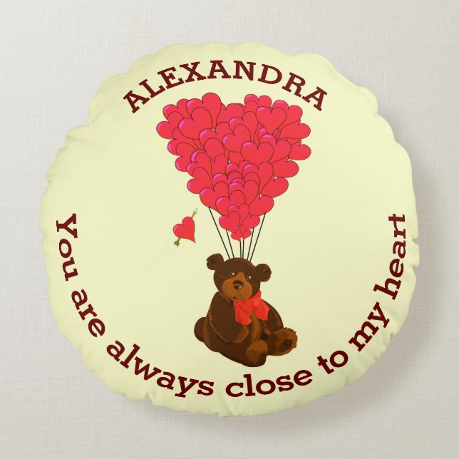 Fun teddy bear and red heart personalized round pillow (Front)