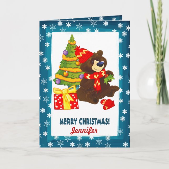 Fun Teddy Bear | Custom Name Christmas  Holiday Card (Front)