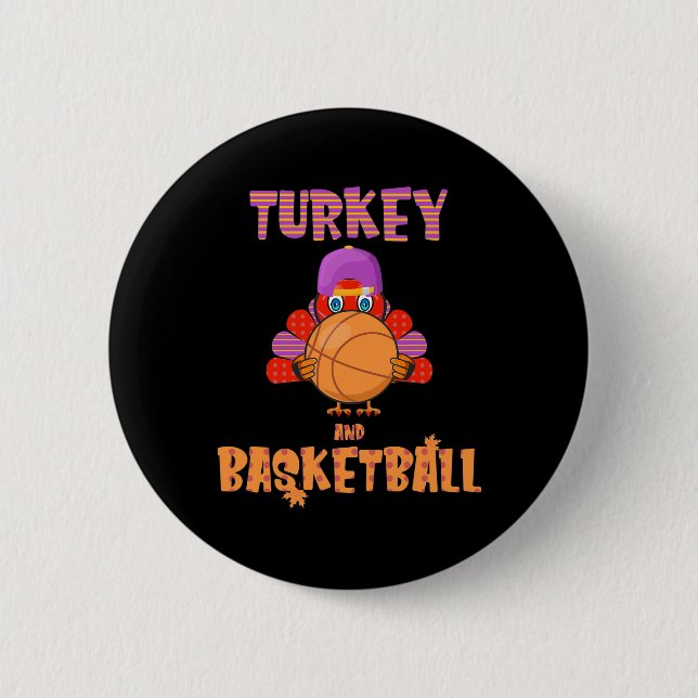 Fun Thanksgiving Turkey plays Basketball Tee Men B 2 Inch Round Button (Front)