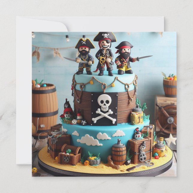 FUN THREE PIRATES THEMED BIRTHDAY CAKE  INVITATION (Front)
