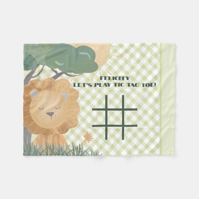 Fun Tic Tac Toe Game Gingham Name Boho Lion Fleece Blanket (Front (Horizontal))