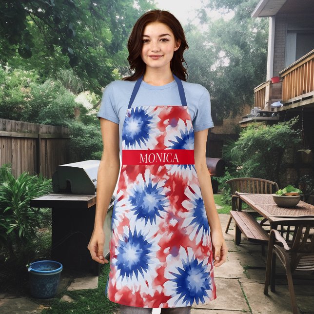 Fun Tie Dye Pattern Monogram red white blue Apron (Creator Uploaded)
