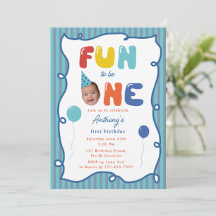 Fun to Be One Boy Birthday Party 1st Face Photo Invitation