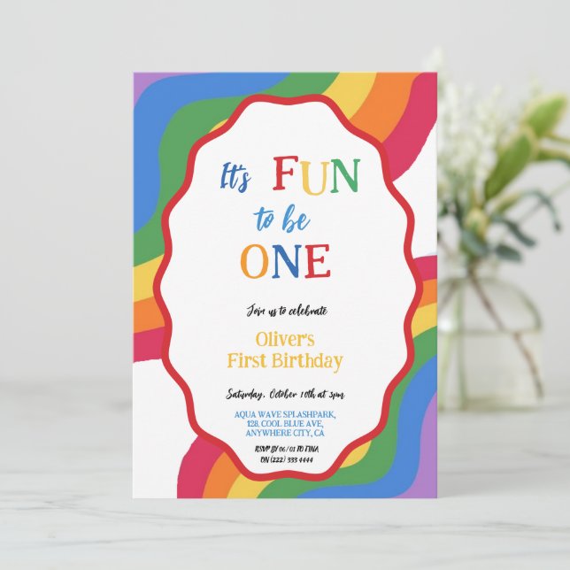 Fun to Be One Colourful Birthday Party Invitation (Standing Front)