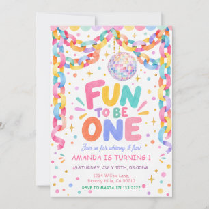 Fun to be ONE Colourful Disco Ball First Birthday Invitation