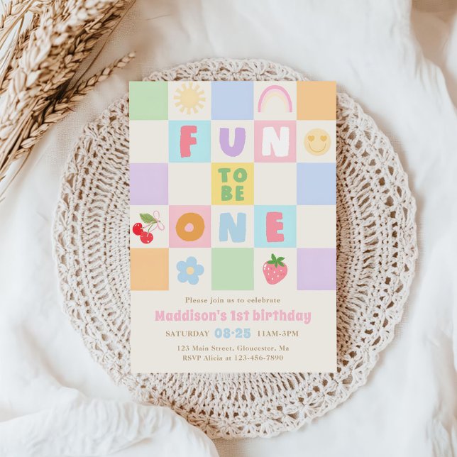 Fun to be One Colourful Gingham 1st Birthday Invitation (Creator Uploaded)
