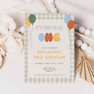Fun to be ONE Colourful Green Gingham 1st Birthday Invitation