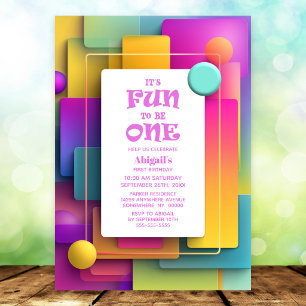 Fun to be One Colourful Pastel 1st Birthday Party Invitation