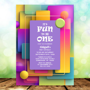 Fun to be One Colourful Pastel 1st Birthday Party Invitation