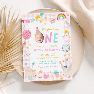 Fun to be One Colourful Photo Girl 1st Birthday Invitation