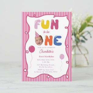 Fun to Be One Girl Birthday Party 1st Face Photo Invitation
