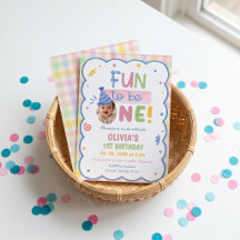 Fun to be One Pastel Gingham Birthday Invite