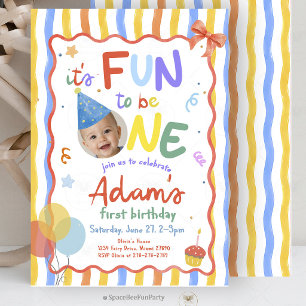 Fun To Be One Photo 1st Birthday Boy Invitation