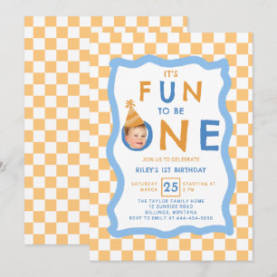 Fun to Be One Photo Chequerboard Boy 1st Birthday Invitation