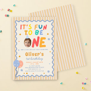 Fun To Be One Photo Colourful 1st Birthday Invitation