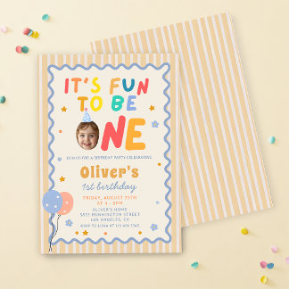 Fun To Be One Photo Colourful 1st Birthday Invitation