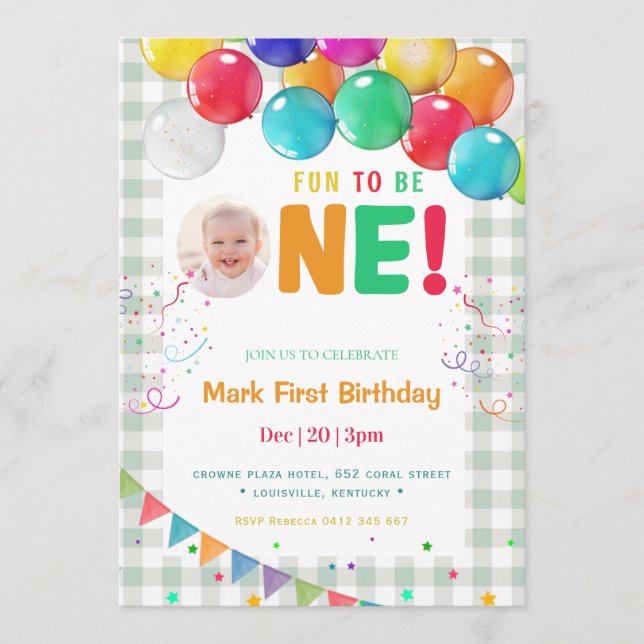 Fun to Be One Photo First Birthday part  Invitation (Front)