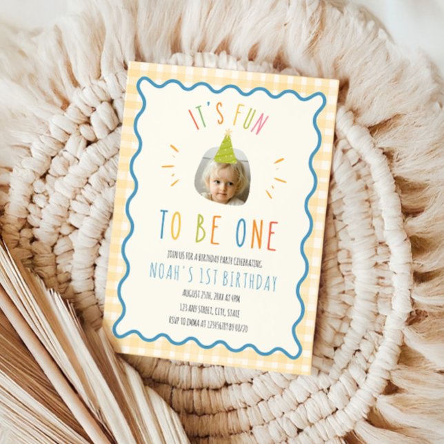 Fun To Be One Photo Yellow Gingham 1st Birthday Invitation (Its fun to be one 1st Birthday Invitation)