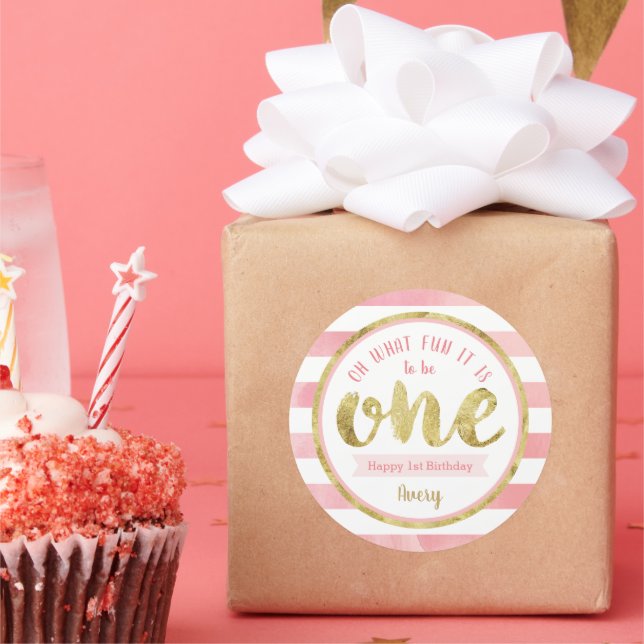 Fun to Be One Pink and Gold First Birthday Party Classic Round Sticker (Party)