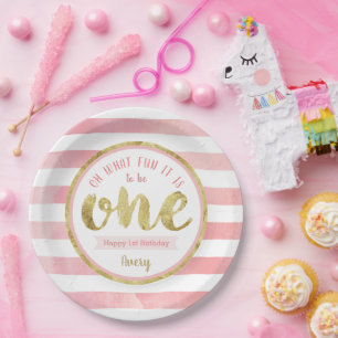 Fun to Be One Pink and Gold First Birthday Party Paper Plate