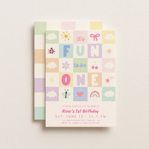 Fun To Be One Retro Girls 1st Birthday Invitation