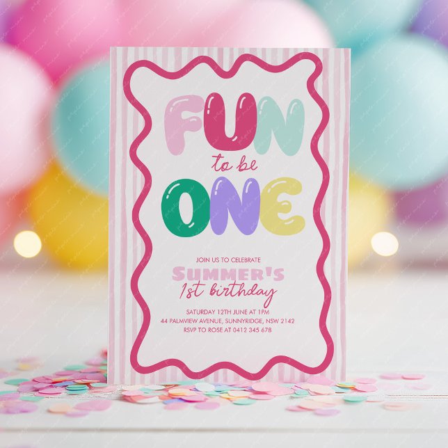 Fun to be One! Striped Colorful 1st Birthday  Invitation (Fun to be One! 1st Birthday invitation)