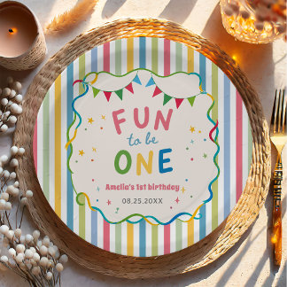 Fun to Be One Whimsical Colourful Girl Birthday Paper Plate