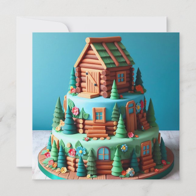 FUN TOY LOG  CABIN DECORATED BIRTHDAY CAKE CARD (Front)