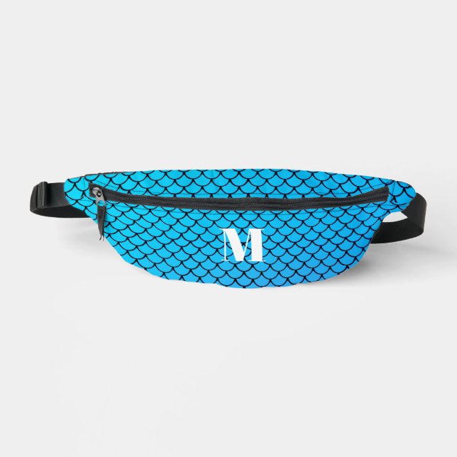 Fun Trendy Blue Sea Mermaid Scales White Monogram  Fanny Pack (Front)
