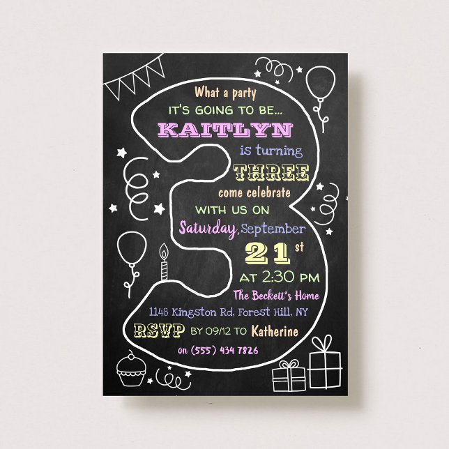 Fun & Trendy Calkboard 3rd Birthday Invitations (Creator Uploaded)