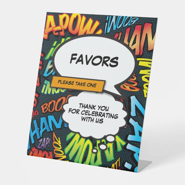 Fun Trendy Comic Book Favours Pedestal Sign (Front)