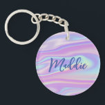 Fun Trendy Faux Iridescent Personalized w/ Name Ke Keychain<br><div class="desc">This fun and modern keychain features a faux iridescent background in playful shades of pink, purple, and blue. On top of the background image is your name in modern calligraphy script. The design is the same on both sides. Makes a fabulous gift for anyone - but especially for a teen!...</div>