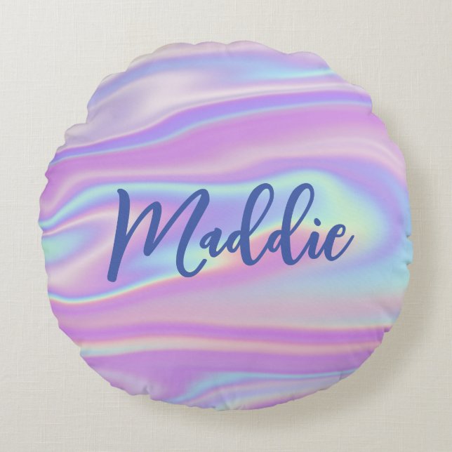 Fun Trendy Faux Iridescent Personalized w/ Name Round Pillow (Front)