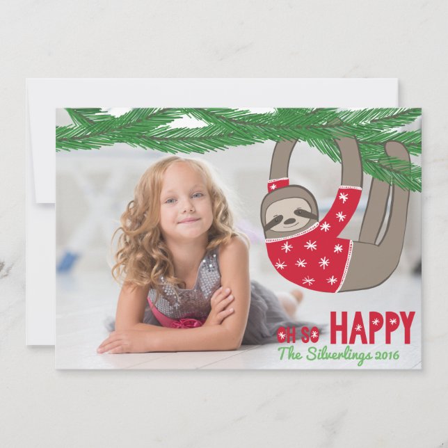 Fun Trendy Sloth Christmas Photo Personalized Card (Front)